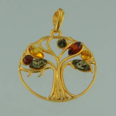 Anh�nger Lebensbaum Bernstein mix Silber vergoldet