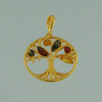 Anh�nger Lebensbaum Bernstein mix Silber vergoldet