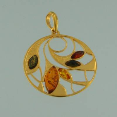 Anh�nger Rund Bernstein mix Silber vergoldet