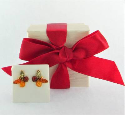 Ohrstecker Schmetterling Bernstein mix Silber vergoldet