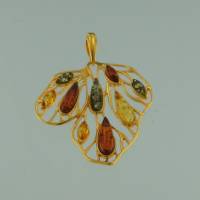 Anh�nger Blatt Bernstein mix Silber vergoldet